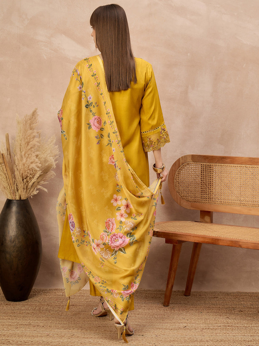 Gold Pure Cotton Beads & Stone Embroidered With Buttons A-Line Kurta Trouser With Printed Dupatta