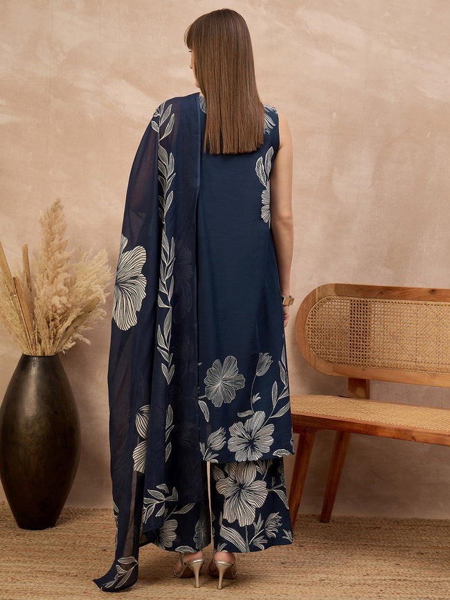 Blue Pure Cotton Floral Printed A-Line Sleeveless Kurta Trouser With Printed Dupatta