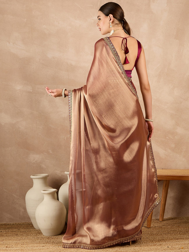 Copper Pure Chiffon Solid With Embroidered Border Saree with Unstitched Fancy Blouse