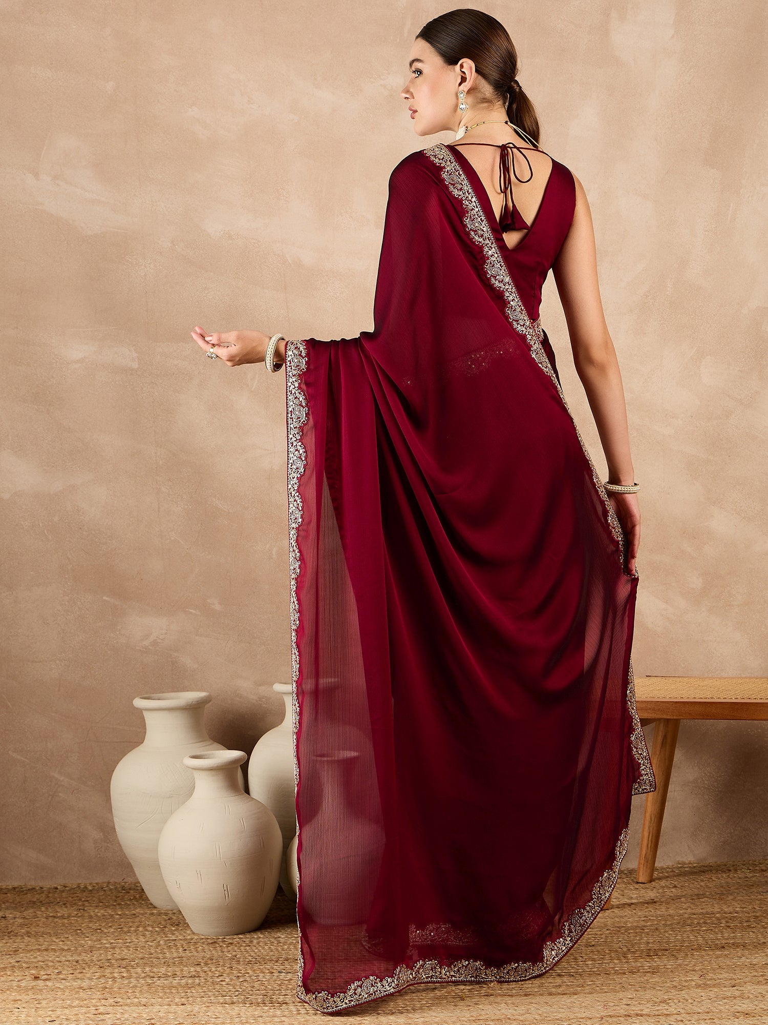 Maroon Satin Solid With Embroidered Border Saree with Unstitched Fancy Blouse