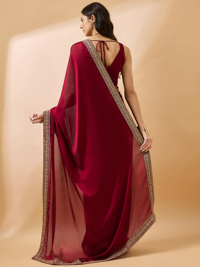 Maroon Satin Solid with Embroidered Lace Saree with Unstitched Fancy Blouse