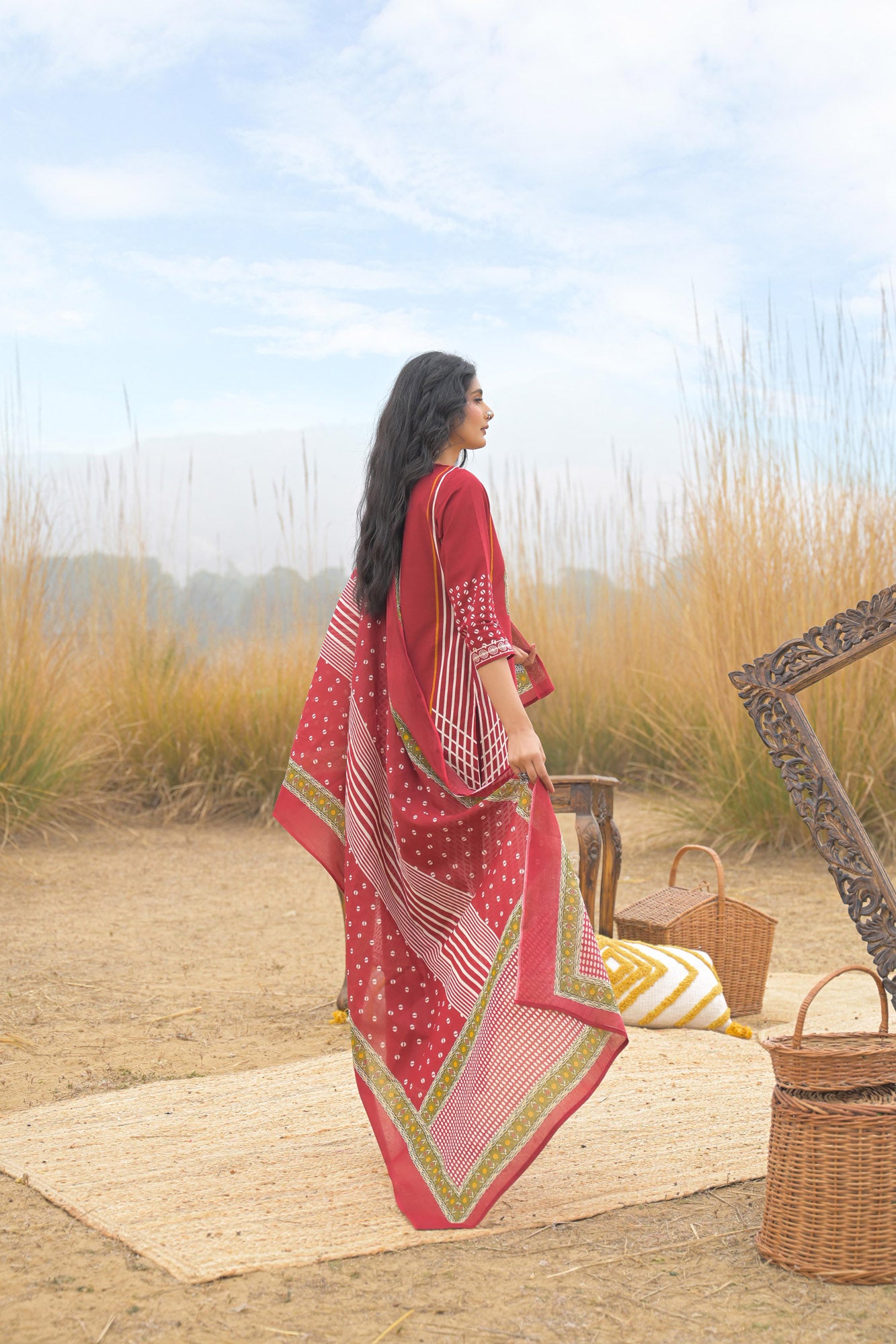 Red Pure Cotton Ajrakh Printed A-Line Kurta Trouser With Dupatta