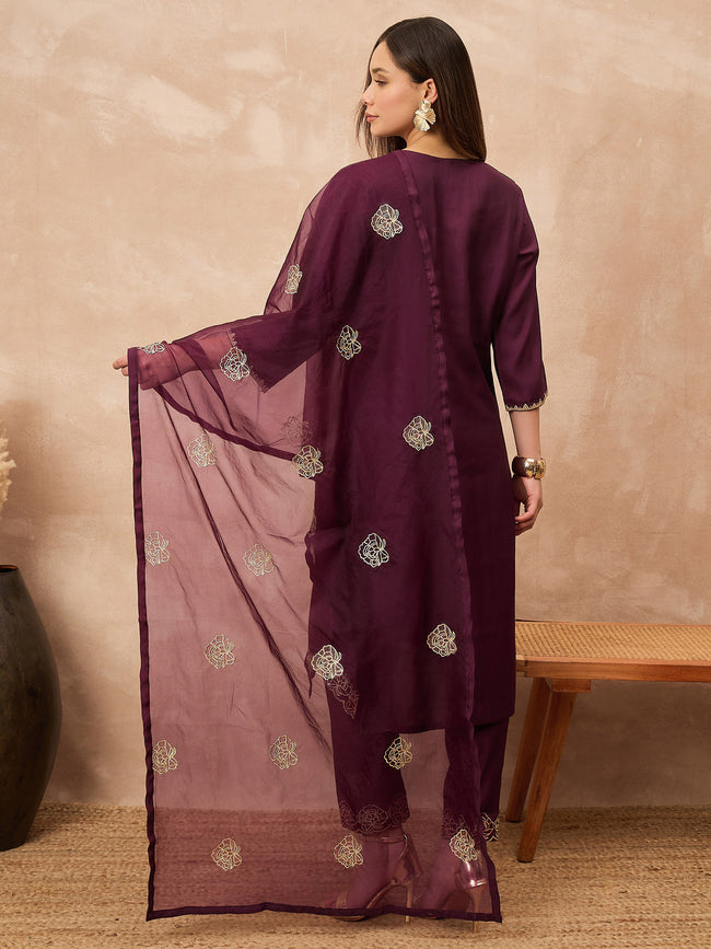 Purple Chanderi Silk Solid A-Line Kurta Trouser with Dupatta