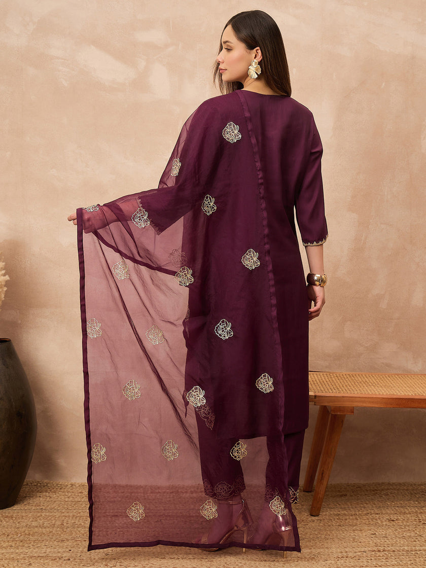 Purple Chanderi Silk Solid A-Line Kurta Trouser with Dupatta