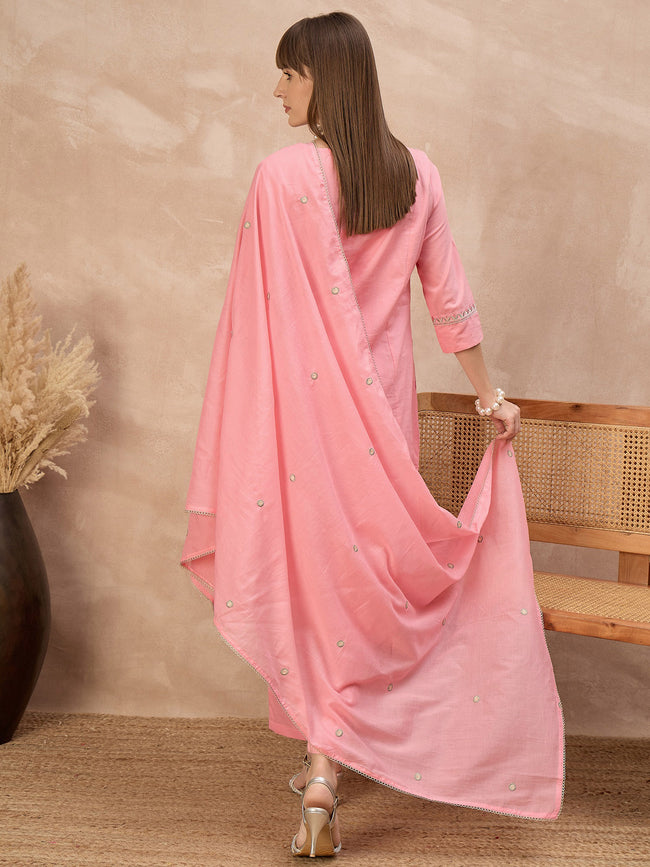 Pink Pure Cotton Floral Embroidered A-Line Kurta Trouser With Dupatta
