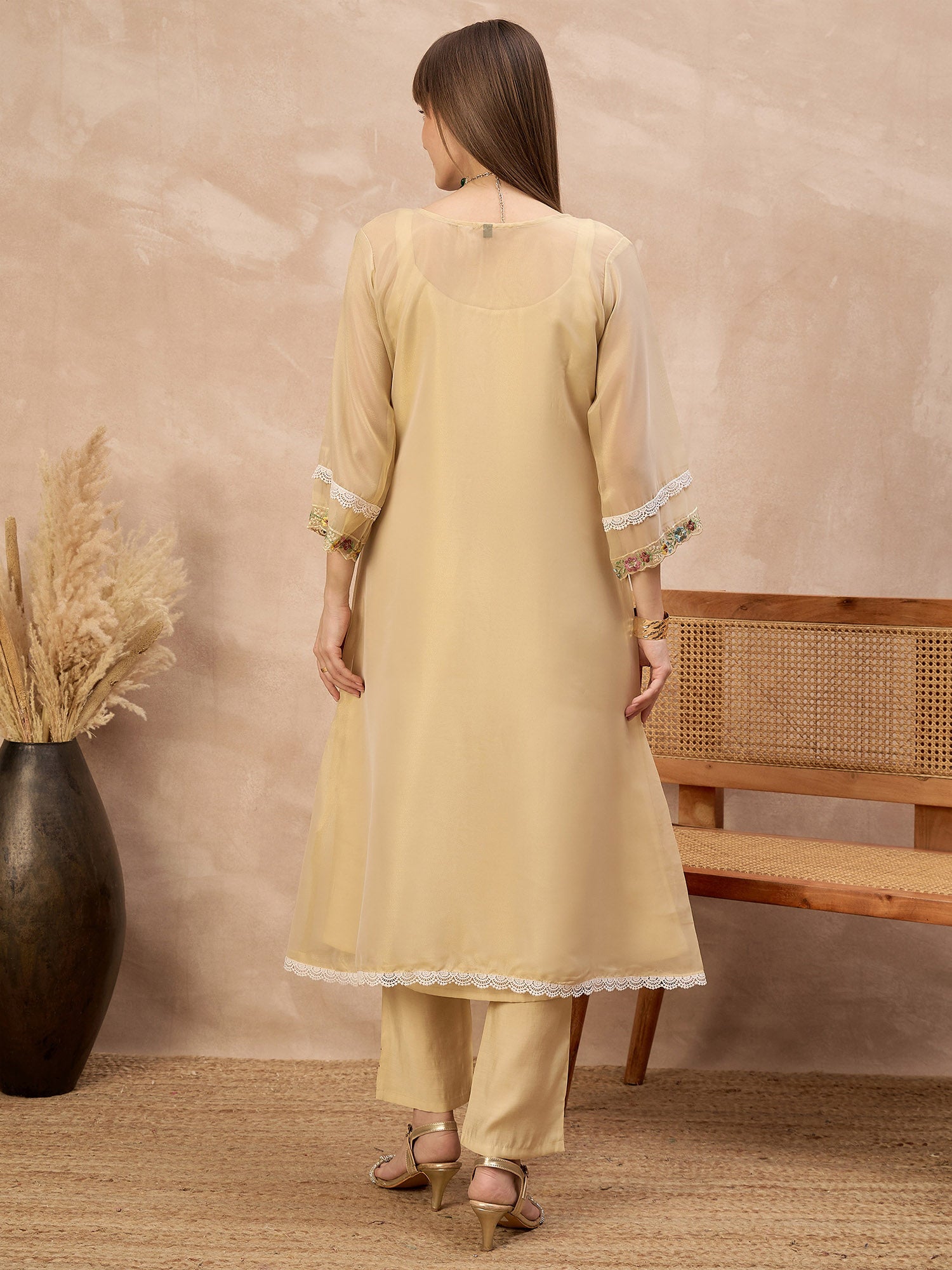 Beige Pure Cotton Solid A-Line Kurta Trouser With Floral & Mirror Embroidered Shrug
