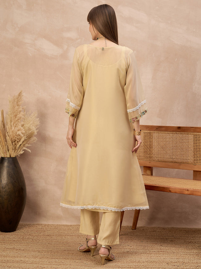 Beige Pure Cotton Solid A-Line Kurta Trouser With Floral & Mirror Embroidered Shrug