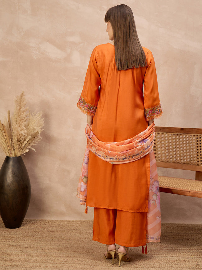 Orange Pure Cotton Beads & Stone Embroidered A-Line Kurta Trouser With Printed Dupatta