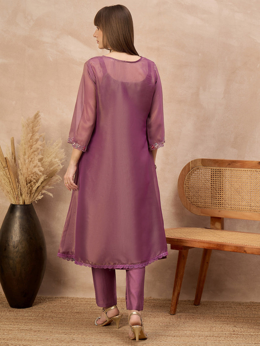 Purple Pure Cotton Solid A-Line Kurta Trouser With Floral & Mirror Embroidered Shrug