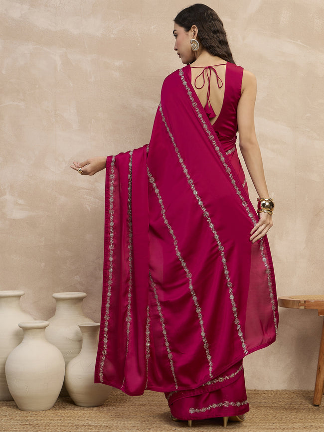 Magenta Satin Stripped Silver Jari Work  Saree with Unstitched Blouse