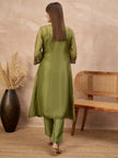 Olive Pure Cotton Solid A-Line Kurta Trouser With Floral & Mirror Embroidered Shrug