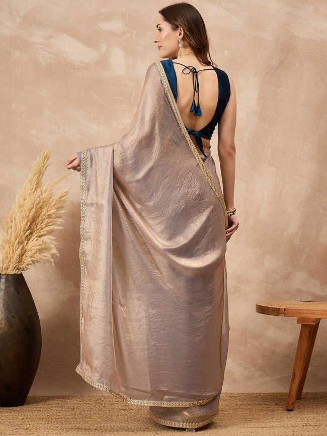 Silver Organza Solid with Gota Lace Saree with Unstitched Blouse