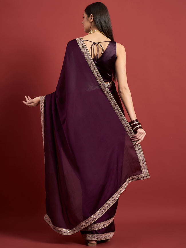 Purple Satin Solid With Embroidered Border Saree with Unstitched Fancy Blouse