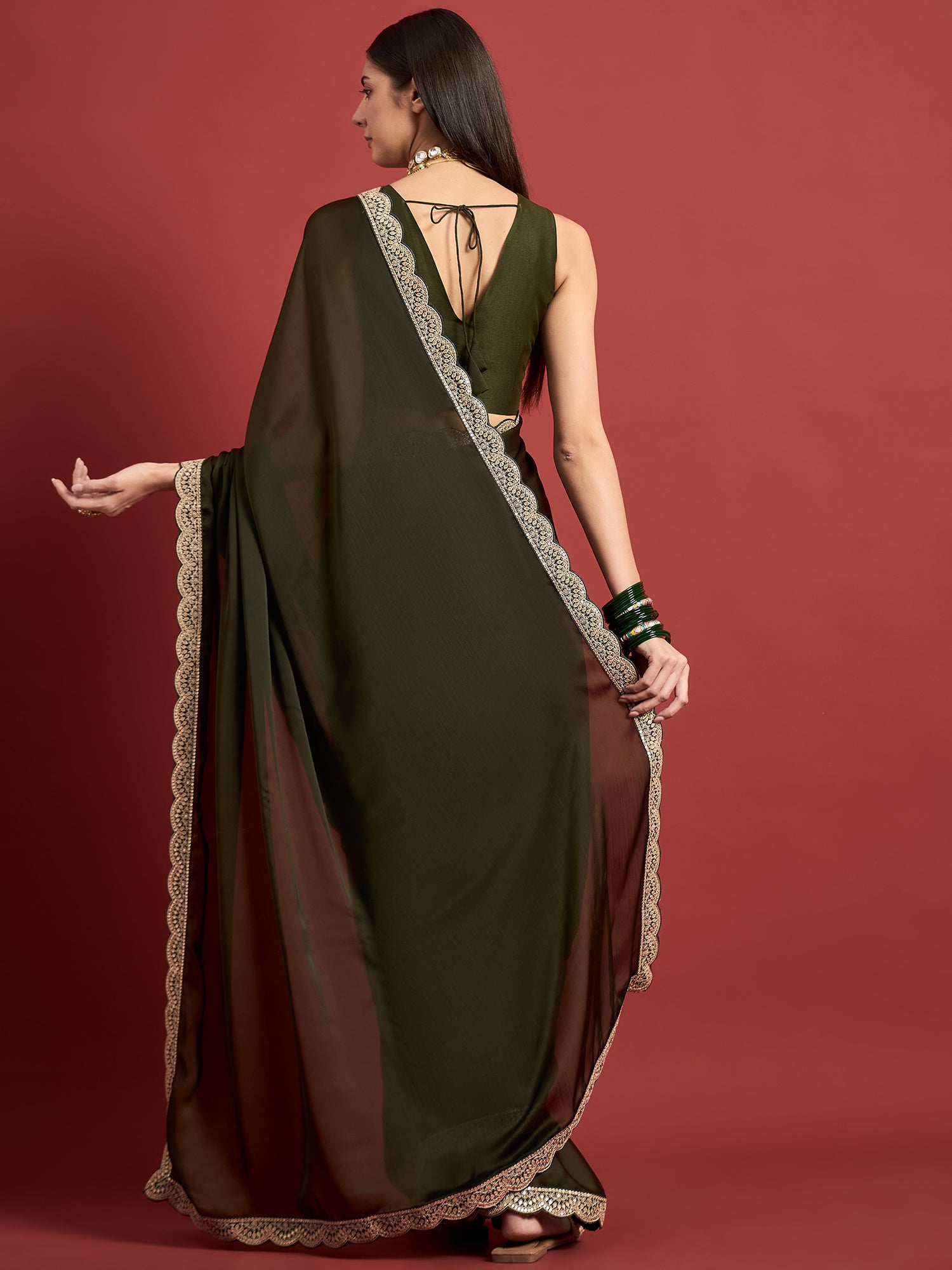 Olive Satin Solid With Embroidered Border Saree with Unstitched Fancy Blouse