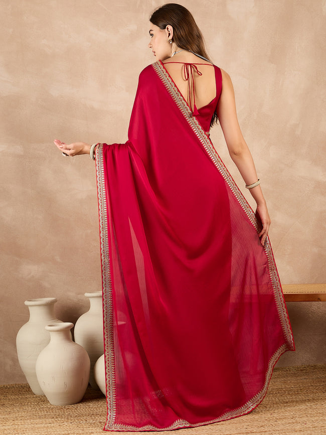 Red Satin Solid With Embroidered Border Saree with Unstitched Fancy Blouse