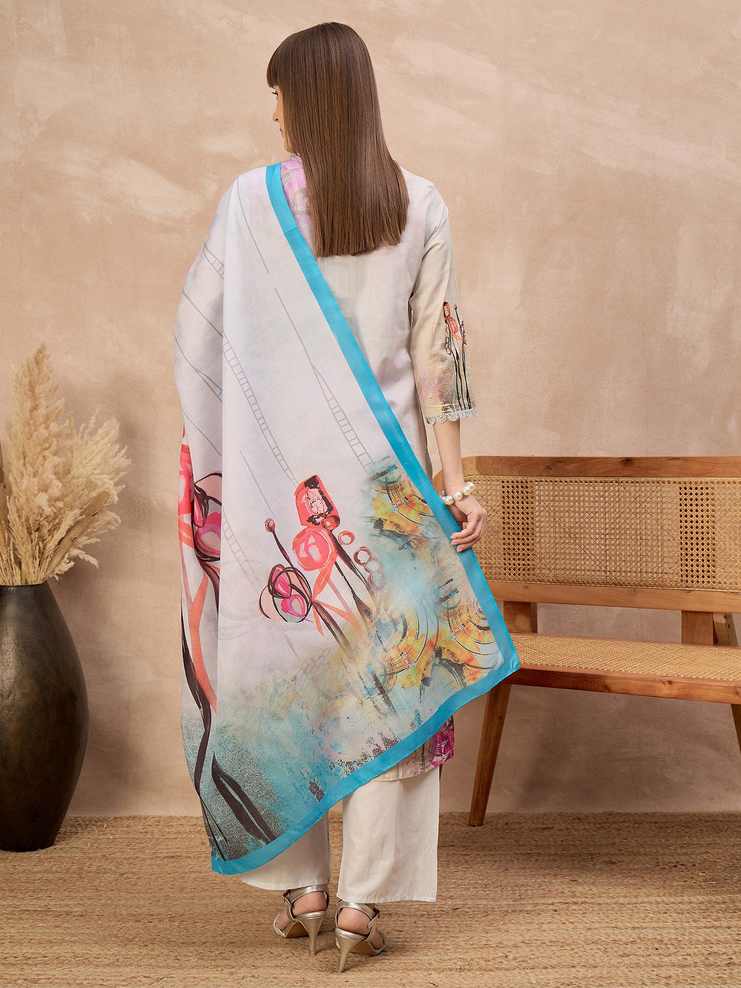 Multi Pure Cotton Digital Printed A-Line Kurta Trouser With Printed Dupatta