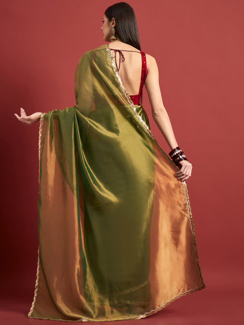 Green Organza Solid With Embellished Lace Saree with Unstitched Fancy Blouse