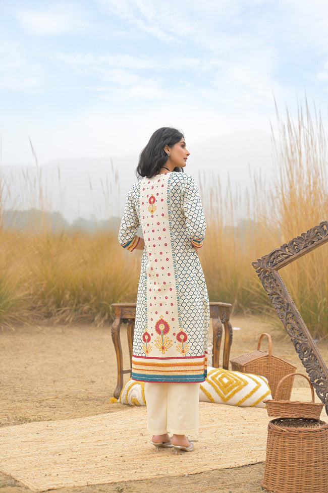 Multi Pure Cotton Ajrakh Printed A-Line Kurta Trouser With Dupatta