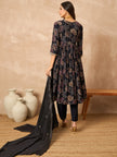 Black Cotton Blend Printed Anarkali Kurta Trouser With Dupatta