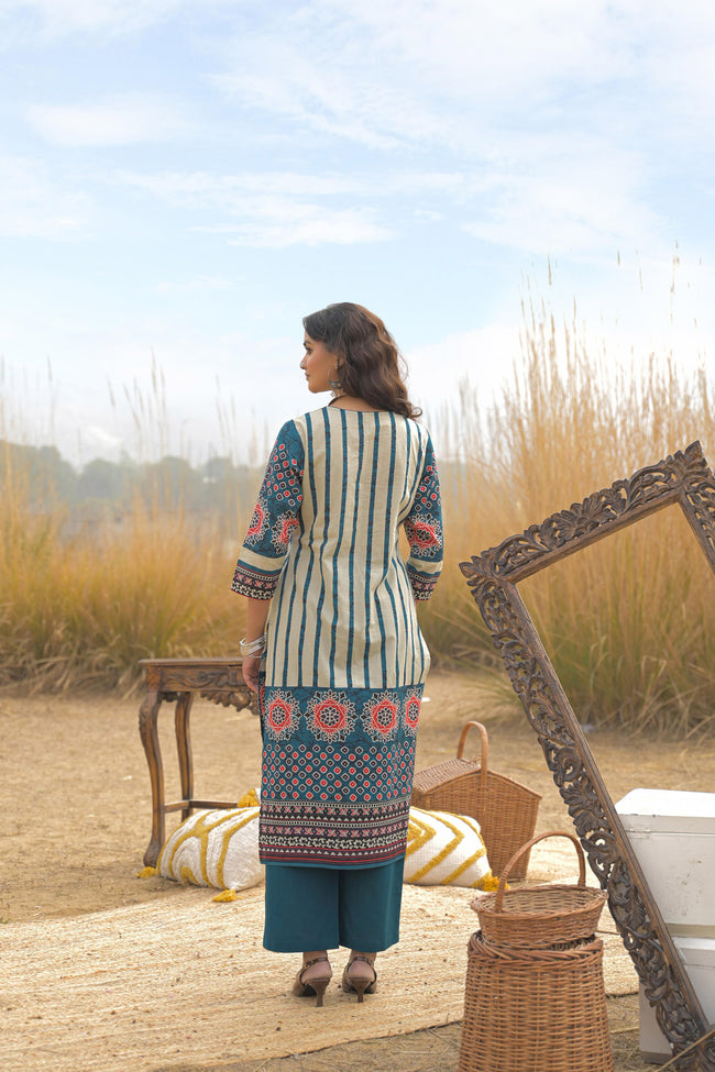 Blue Pure Cotton Ajrakh Printed A-Line Kurta Trouser With Dupatta