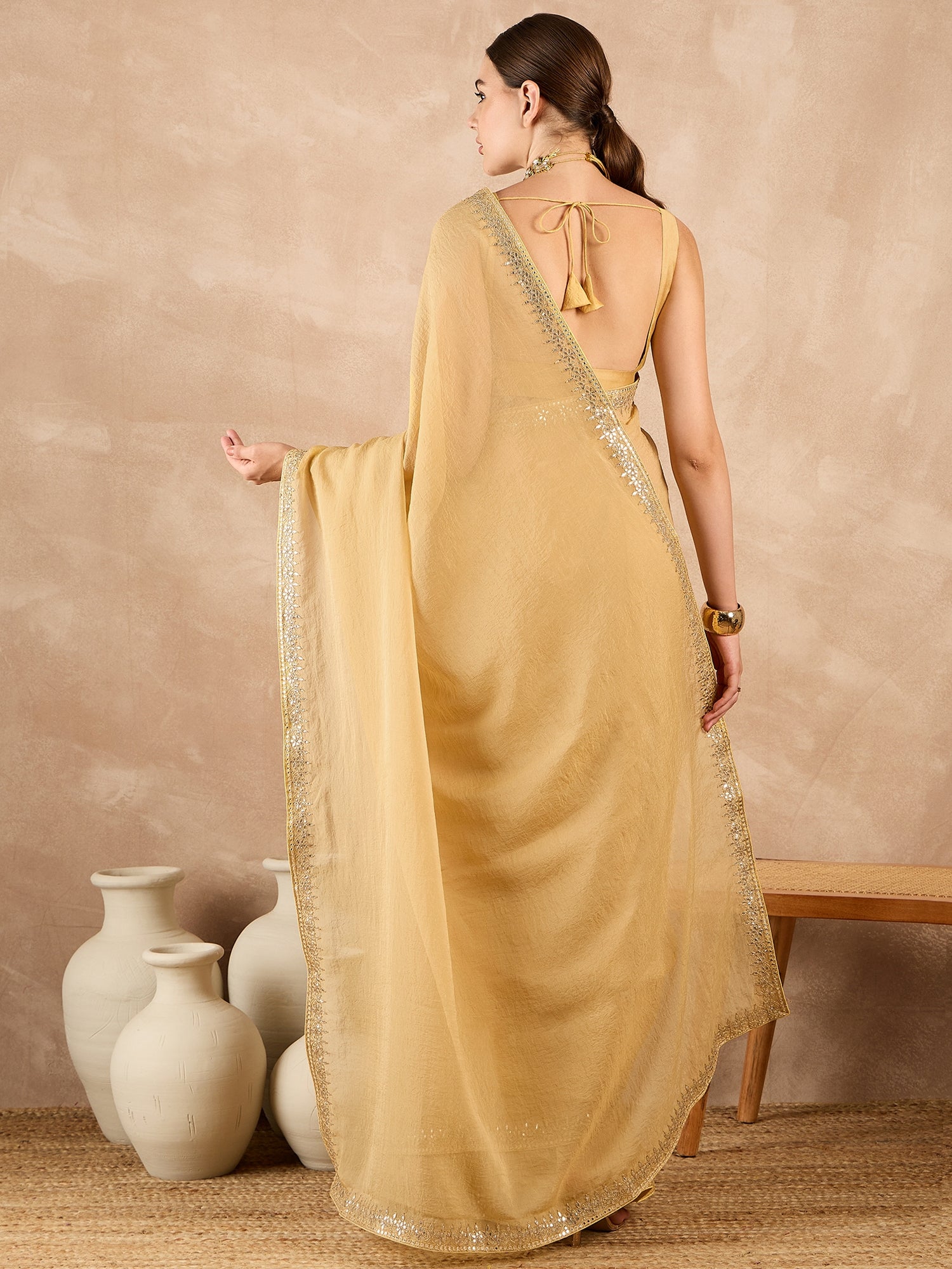Lemon Organza Solid With Embroidered Border Saree with Unstitched Fancy Blouse
