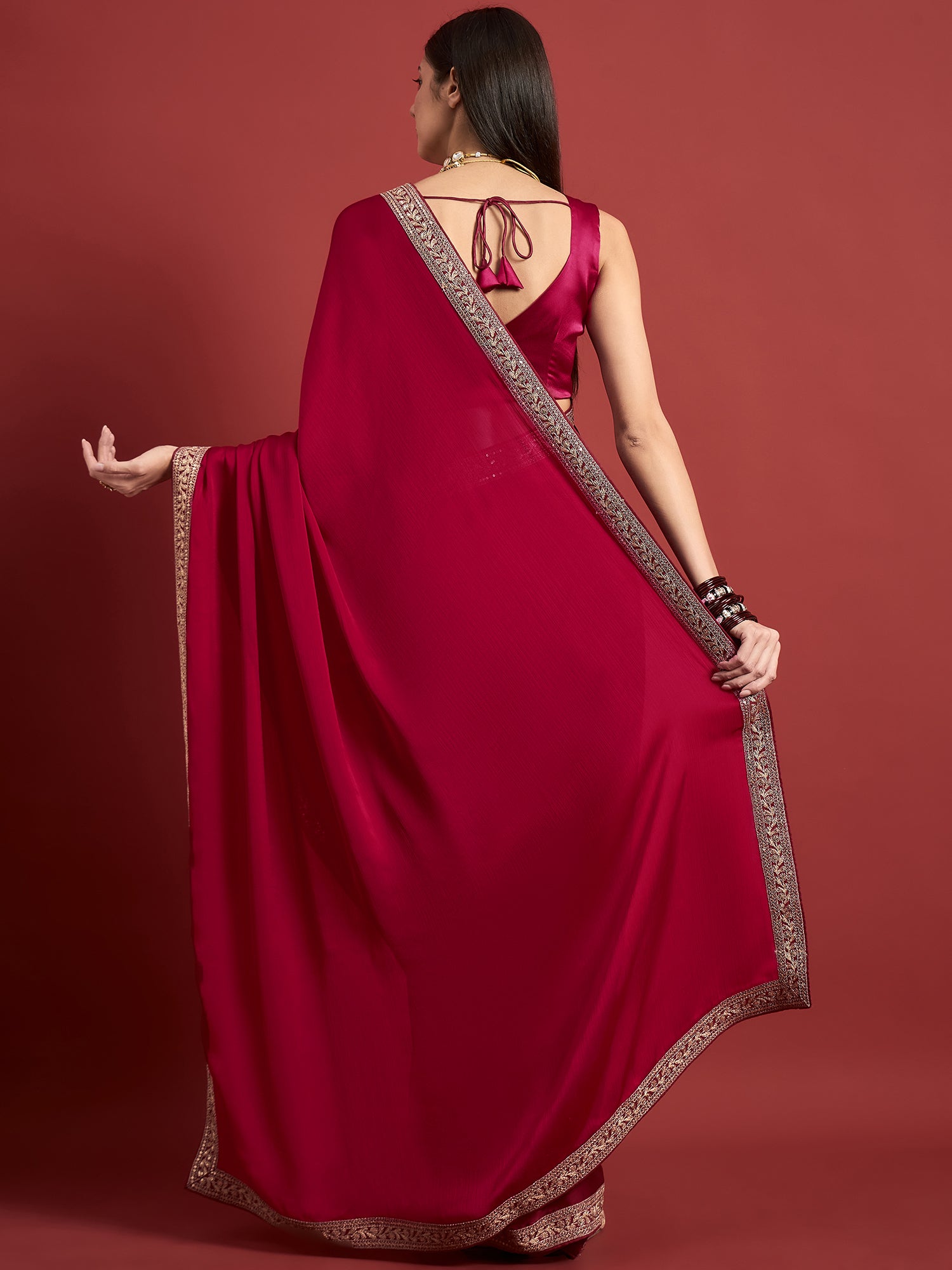 Pink  Satin Solid With Embroidered Border Saree with Unstitched Fancy Blouse