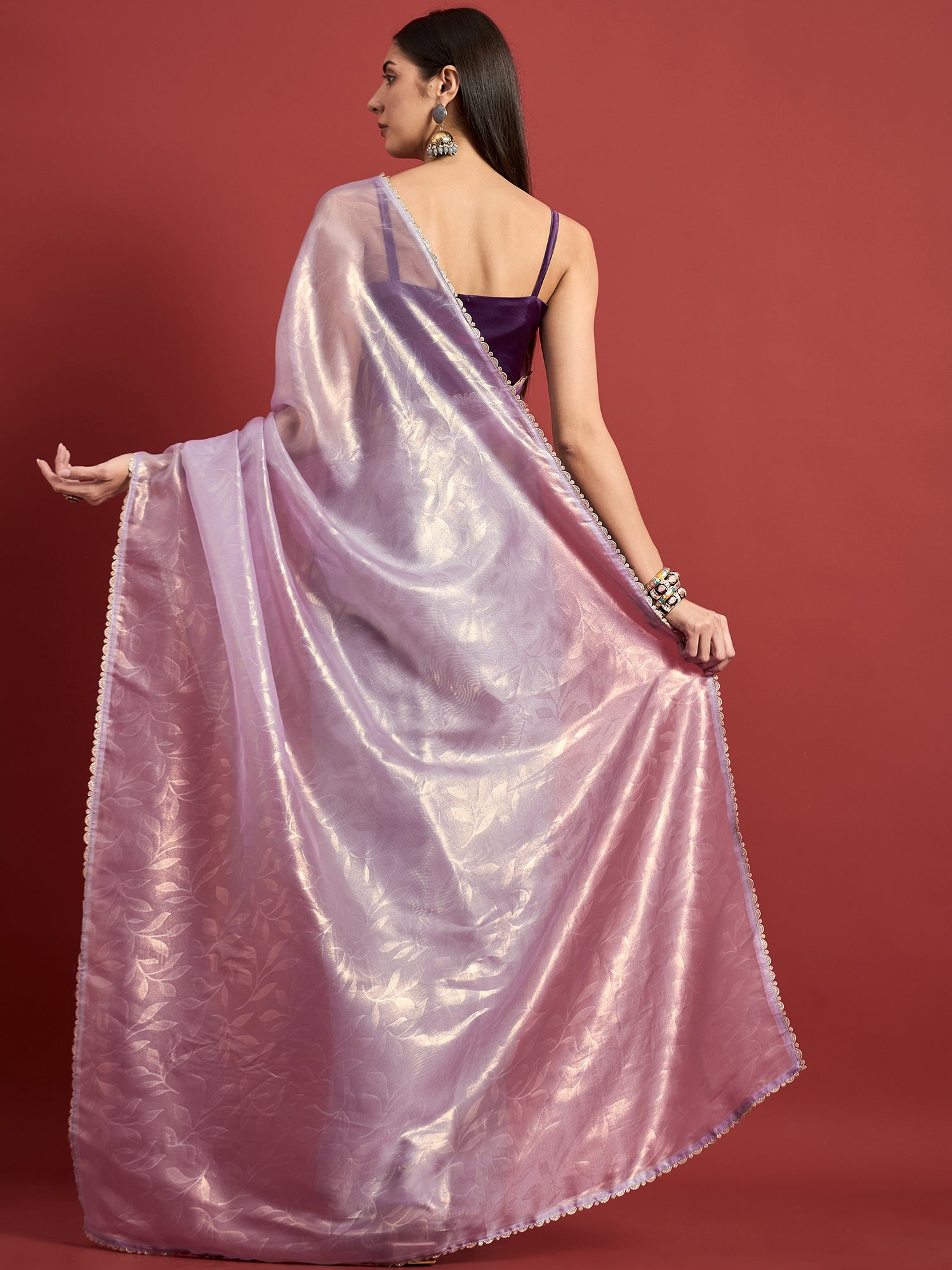 Lavender Organza Solid With Embellished Lace Saree with Unstitched Fancy Blouse