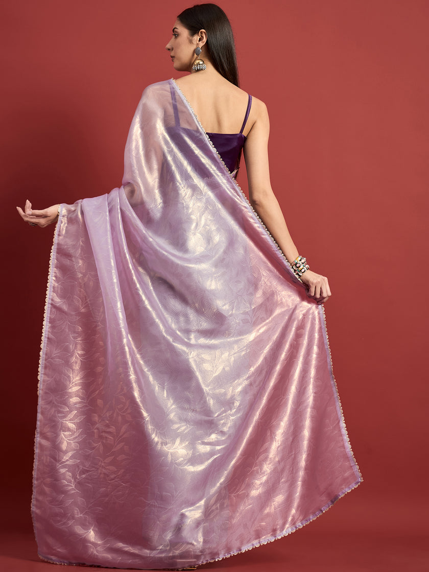 Lavender Organza Solid With Embellished Lace Saree with Unstitched Fancy Blouse