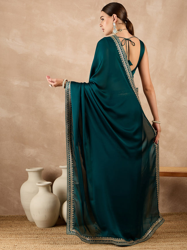 Teal Satin Solid With Embroidered Border Saree with Unstitched Fancy Blouse