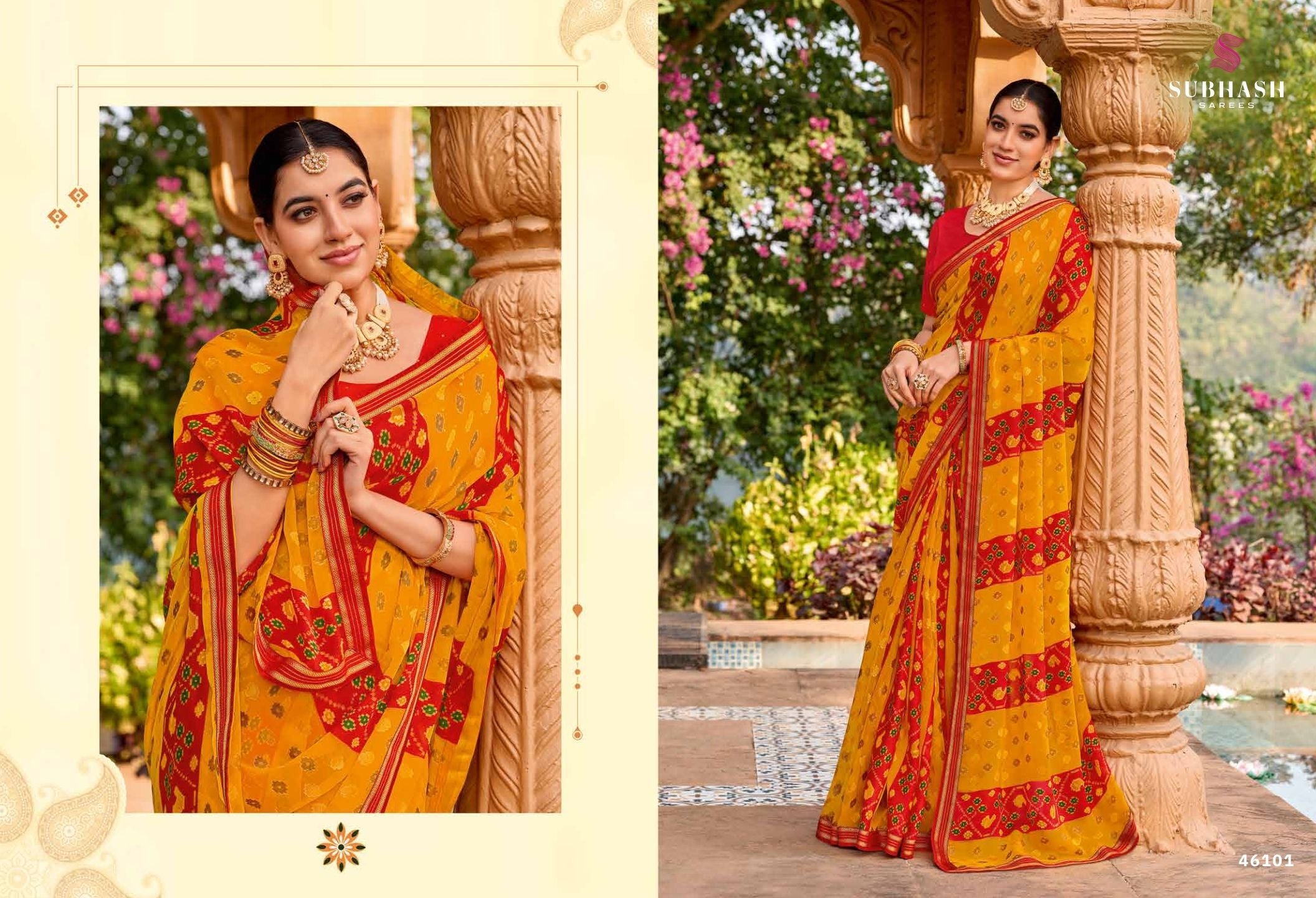 Vintage-27 : Chiffon Brasso Heritage Butti Print Sarees with Printed Tusser Silk Blouse