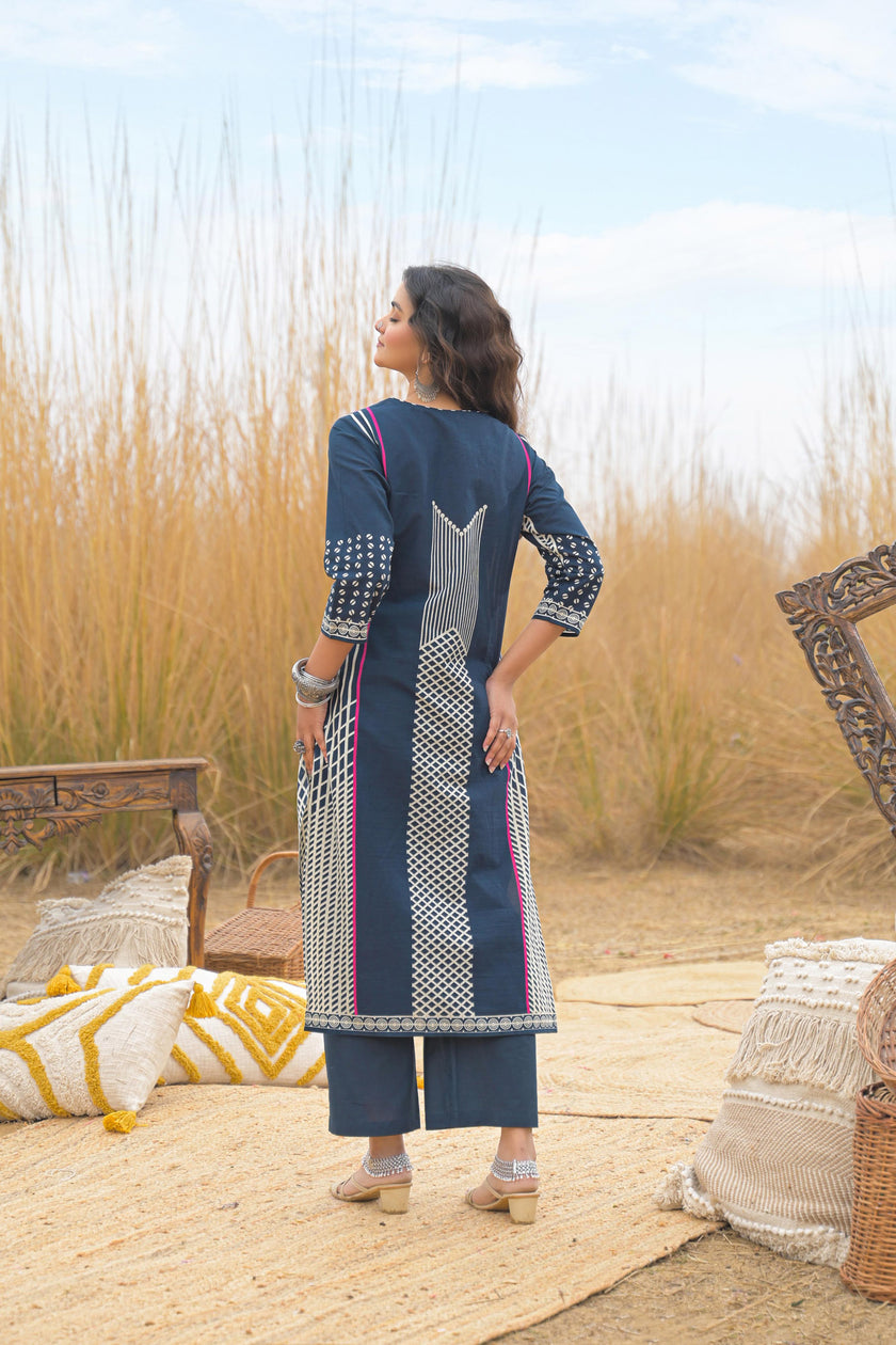 Blue Pure Cotton Ajrakh Printed A-Line Kurta Trouser With Dupatta