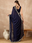 Blue Satin Solid With Embroidered Border Saree with Unstitched Fancy Blouse