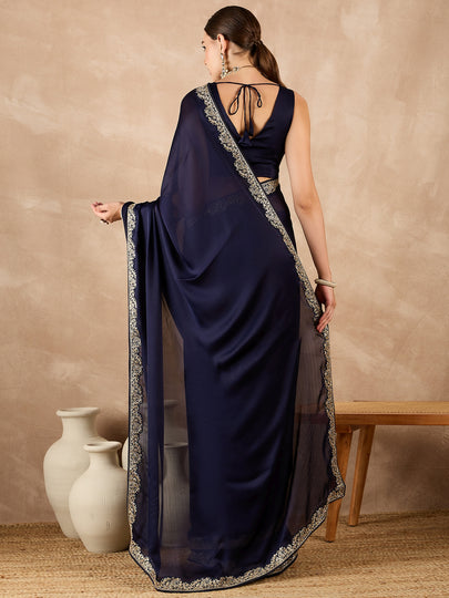 Blue Satin Solid With Embroidered Border Saree with Unstitched Fancy Blouse