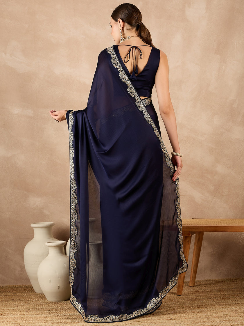 Blue Satin Solid With Embroidered Border Saree with Unstitched Fancy Blouse