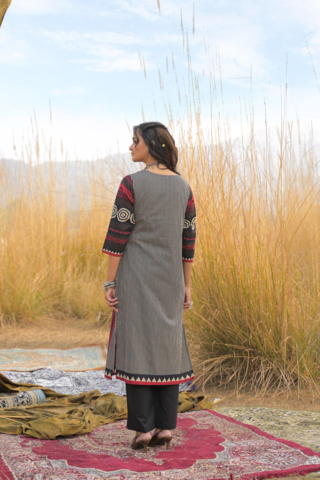 Red Pure Cotton Ajrakh Printed A-Line Kurta Trouser With Dupatta