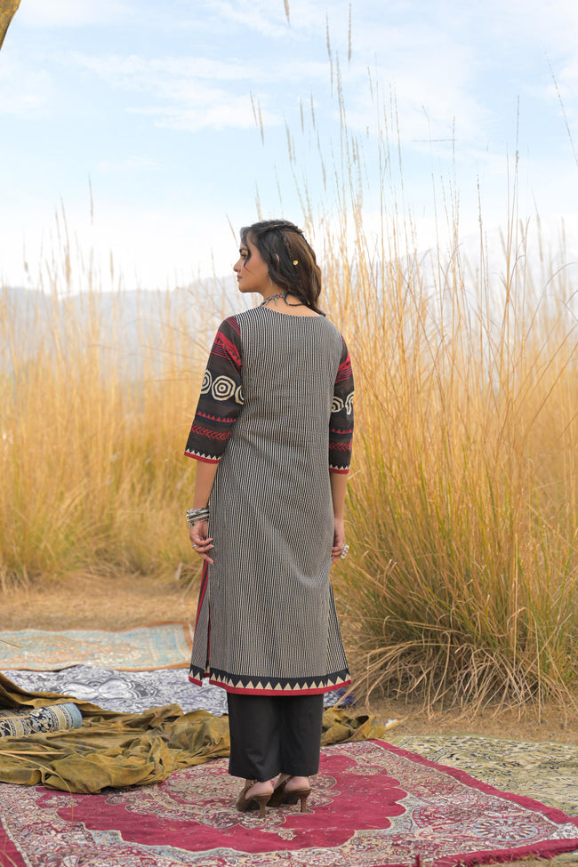 Red Pure Cotton Ajrakh Printed A-Line Kurta Trouser With Dupatta