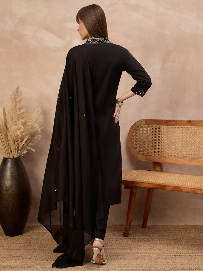 Black Pure Cotton Floral Embroidered A-Line Kurta Trouser With Dupatta