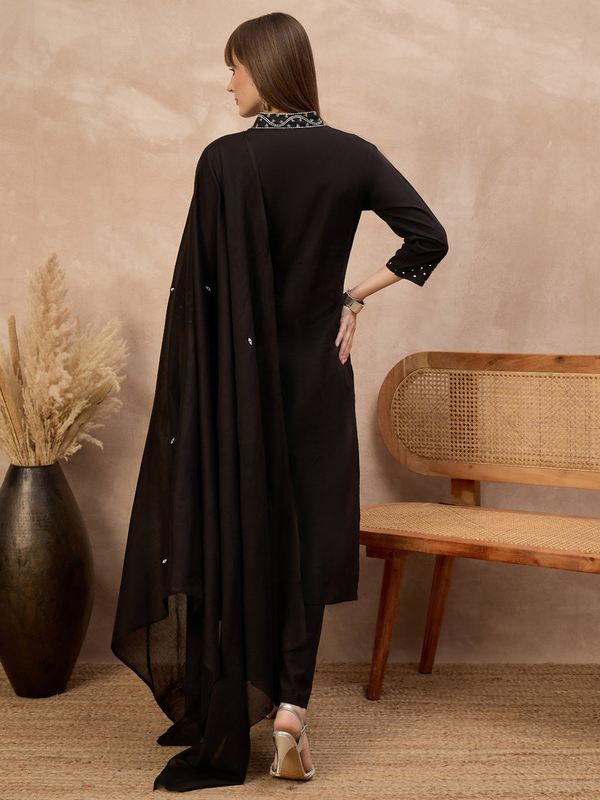 Black Pure Cotton Floral Embroidered A-Line Kurta Trouser With Dupatta