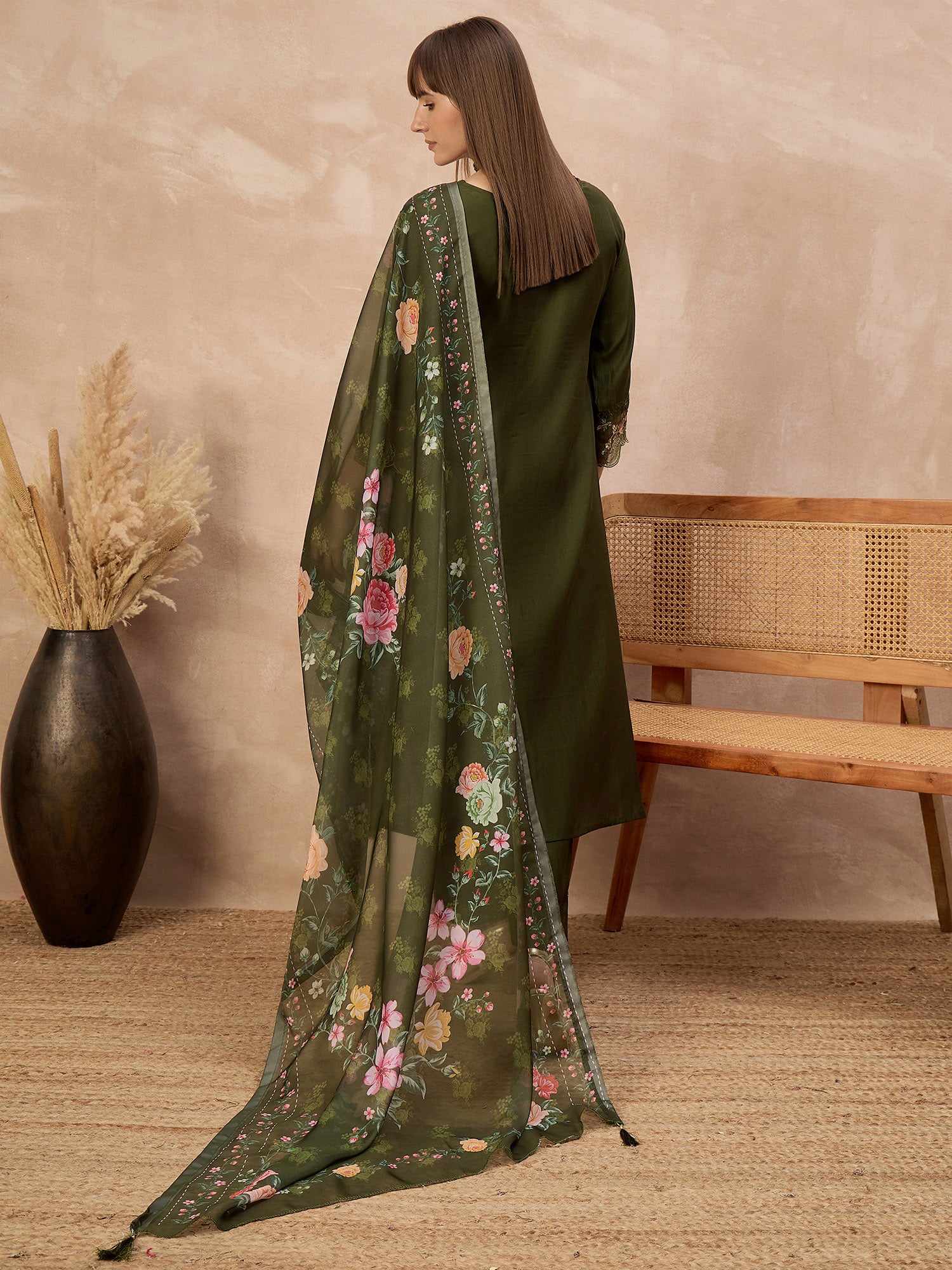 Green Pure Cotton Beads & Stone Embroidered With Buttons A-Line Kurta Trouser With Printed Dupatta