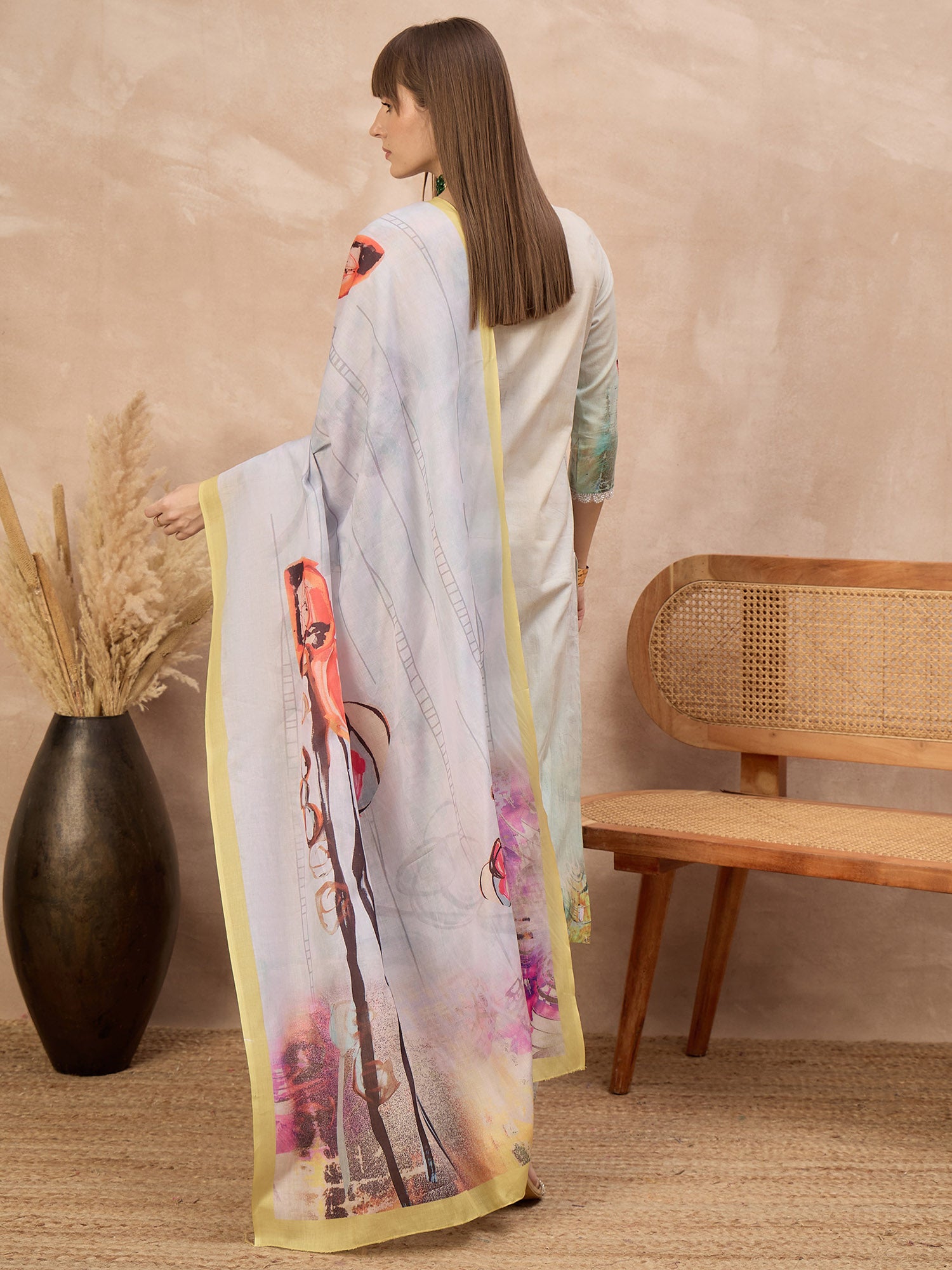 Multi Pure Cotton Digital Printed A-Line Kurta Trouser With Printed Dupatta