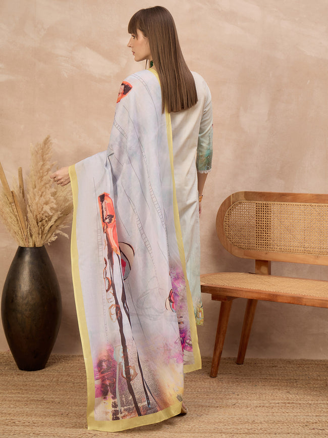 Multi Pure Cotton Digital Printed A-Line Kurta Trouser With Printed Dupatta
