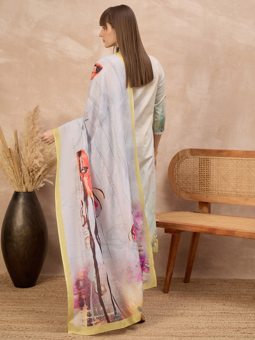 Multi Pure Cotton Digital Printed A-Line Kurta Trouser With Printed Dupatta