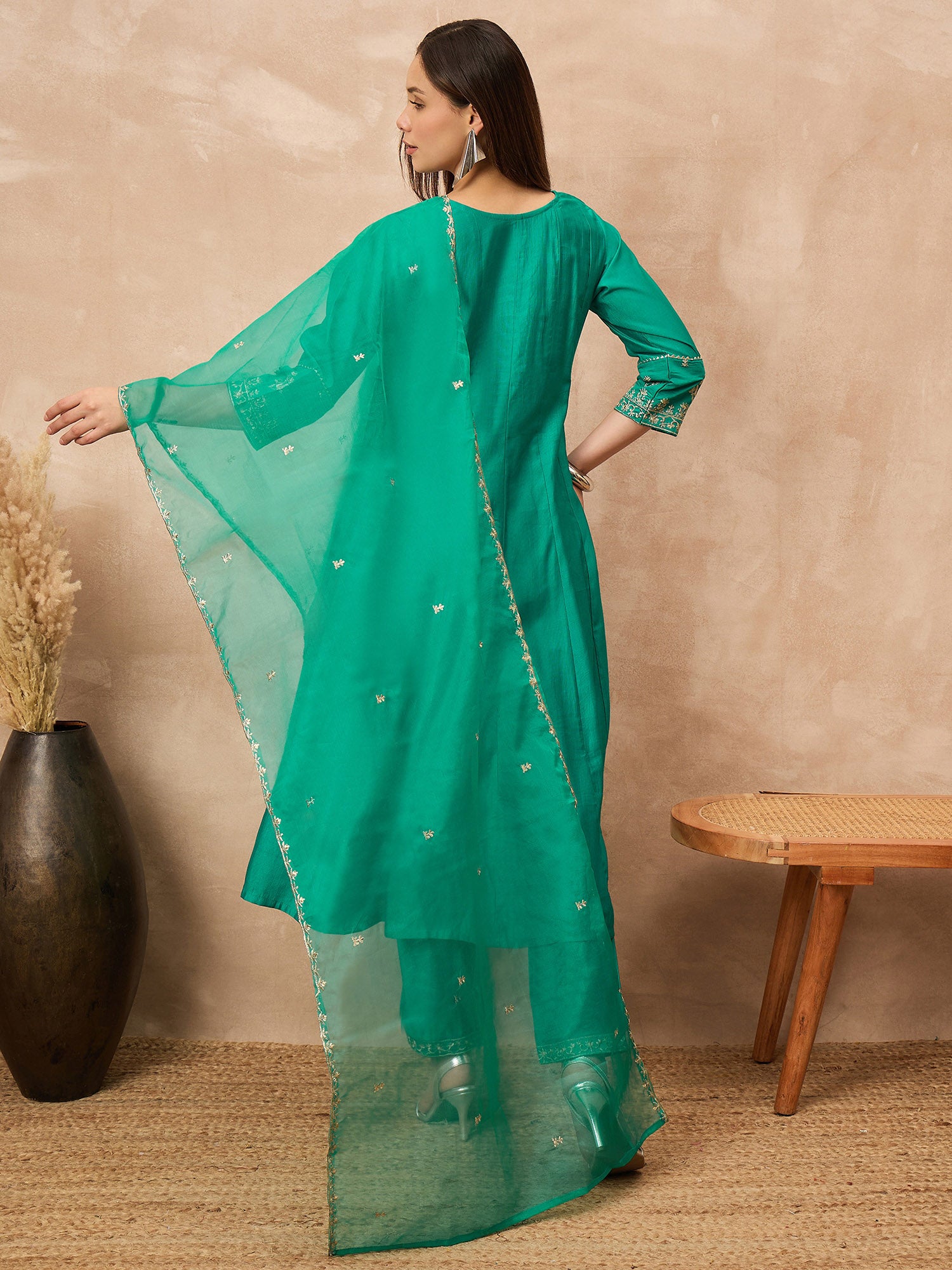 Green Chanderi Silk Solid A-Line Kurta Trouser with Dupatta