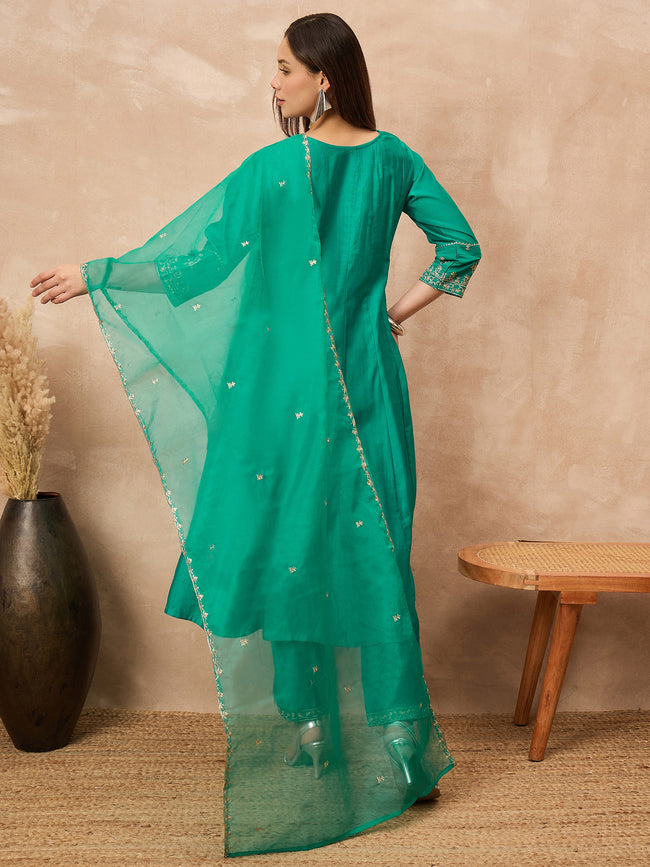 Green Chanderi Silk Solid A-Line Kurta Trouser with Dupatta