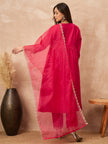 Red Silk Blend Solid A-Line Kurta Trouser with Dupatta