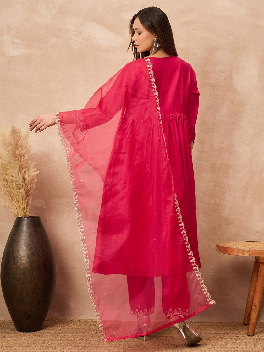 Red Silk Blend Solid A-Line Kurta Trouser with Dupatta