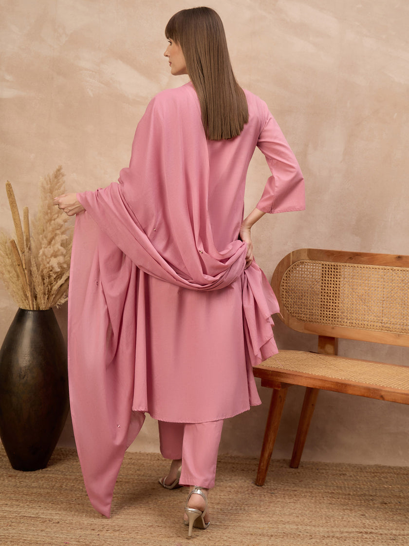 Peach Pure Cotton Floral & Geometric Embroidered A-Line Kurta Trouser With Dupatta