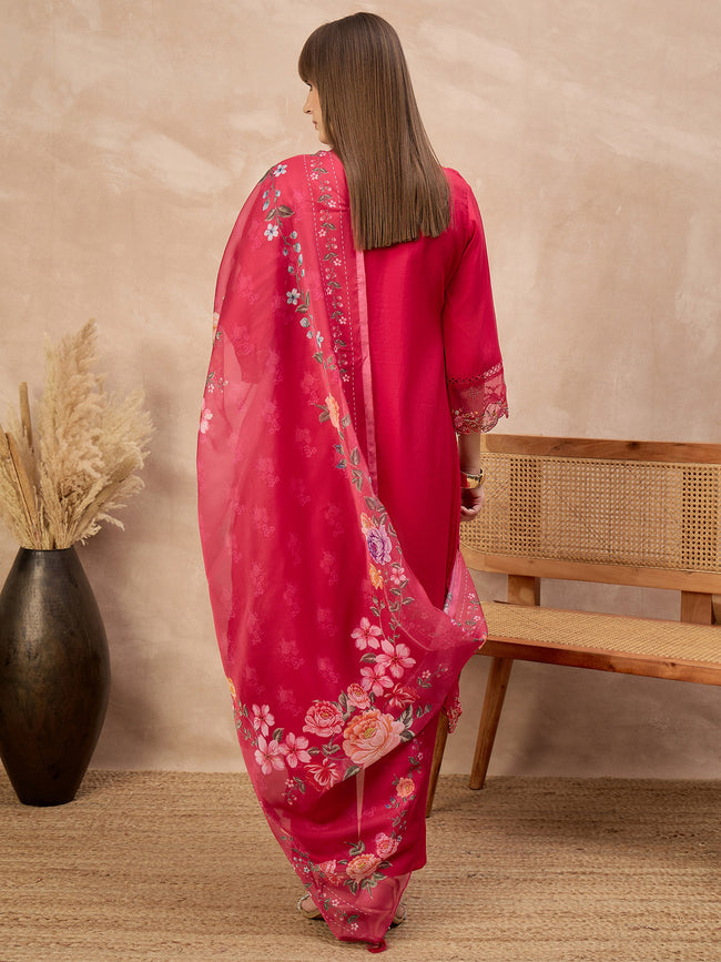 Rose Pure Cotton Beads & Stone Embroidered With Buttons A-Line Kurta Trouser With Printed Dupatta