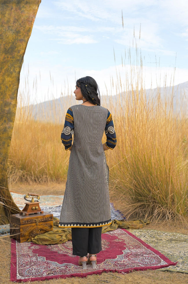 Mustard Pure Cotton Ajrakh Printed A-Line Kurta Trouser With Dupatta