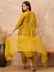 Mustard Silk Blend Solid A-Line Kurta Trouser with Dupatta